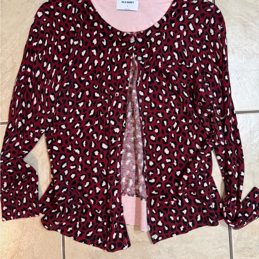 Old Navy Red Leopard Print Cardigan